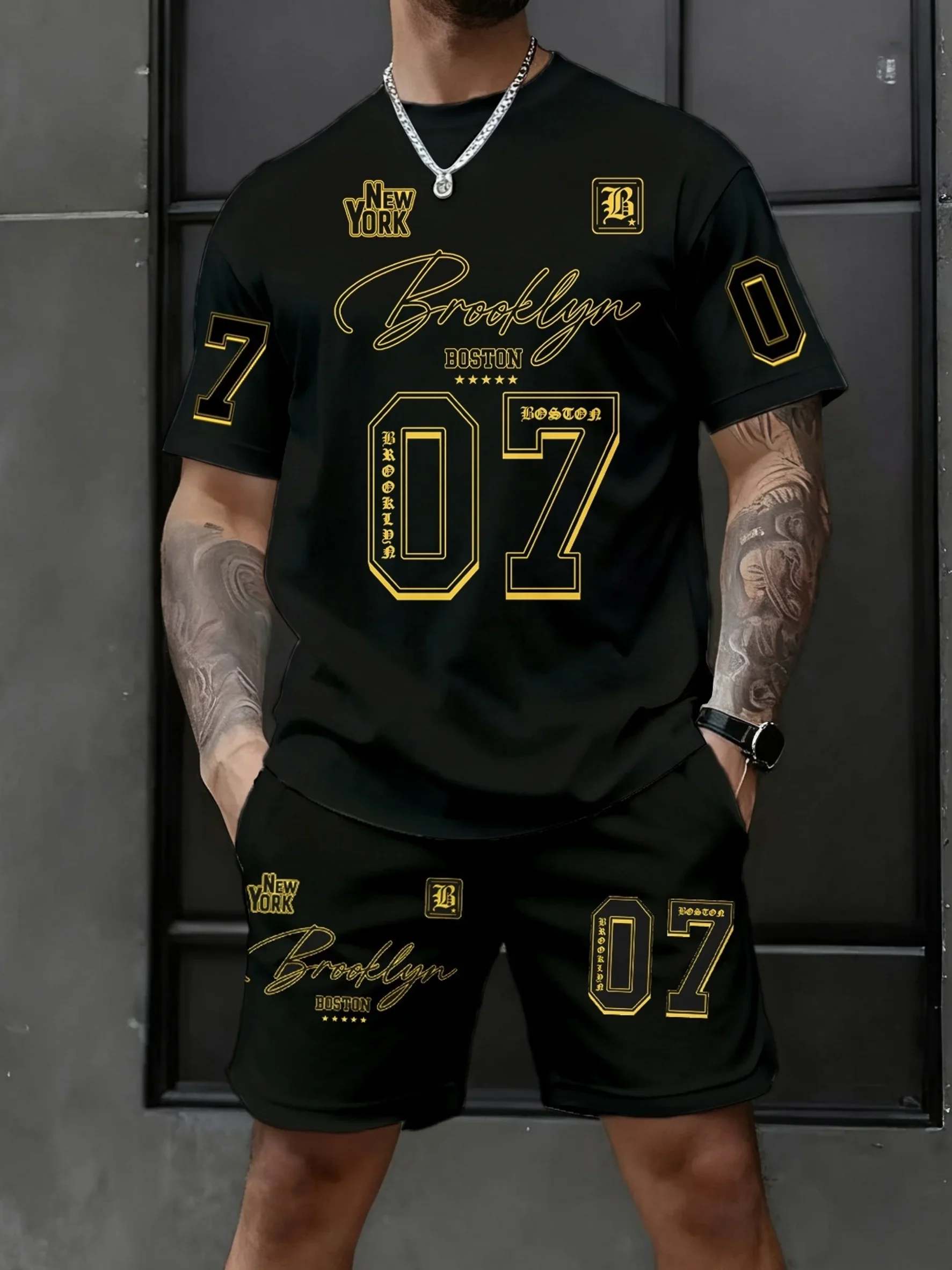 

Men's Summer Casual Short Sleeve Shorts Set Micro Elastic Quick Dry 3D Print Sportswear Trendy Polyester T-Shirt And Shorts Kit