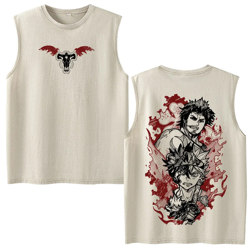 Anime Black Clover Asta Yami Sukehiro Vintage Washed Tank Tops T Shirt Men Women Clothing Cotton Casual Sleeveless Vest T-shirts
