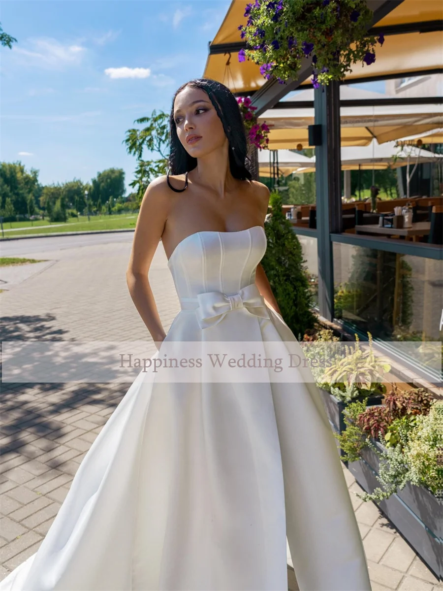 Customized Off-Shoulder Sleeveless Front Split Detachable Jacket Satin Prom Gown Backless And Zipper Wedding Gowns