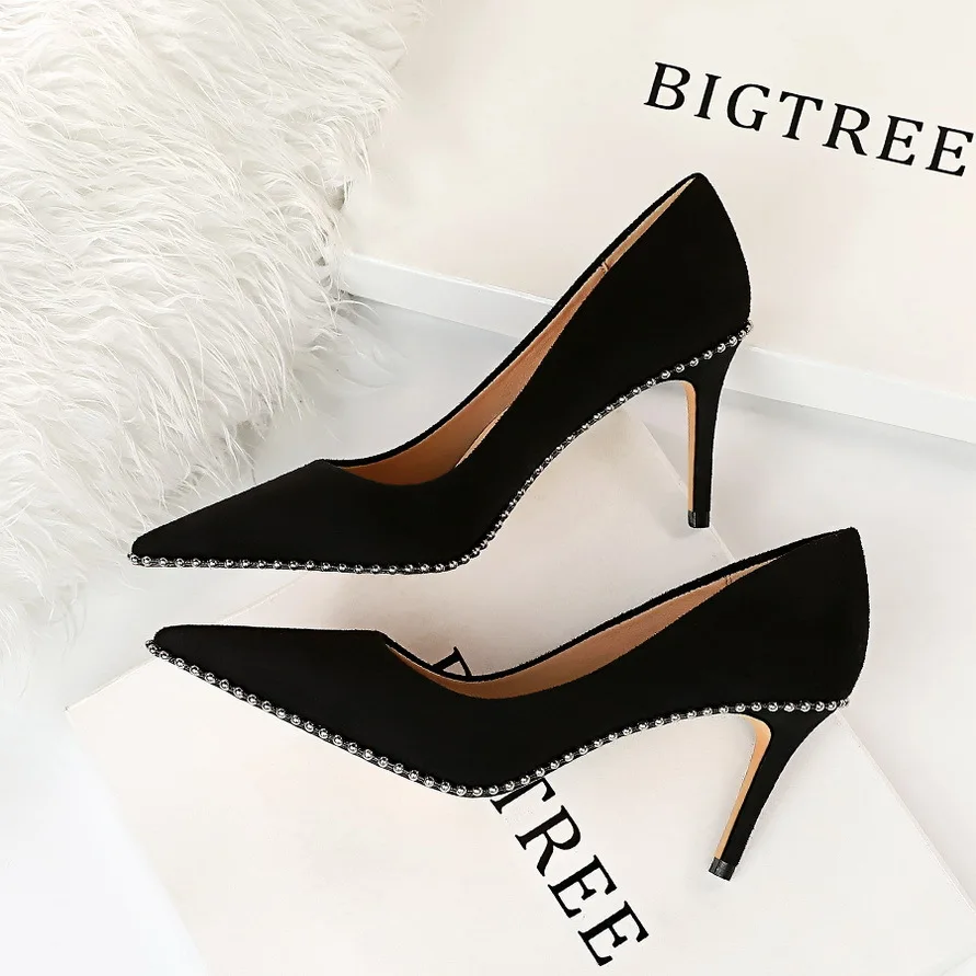 

Women's Ladies Wedding Heels Classic Bridal Shoes High Heel Shallow Mouth Suede Pointed Metal Bead Sexy Nightclub Single Shoe