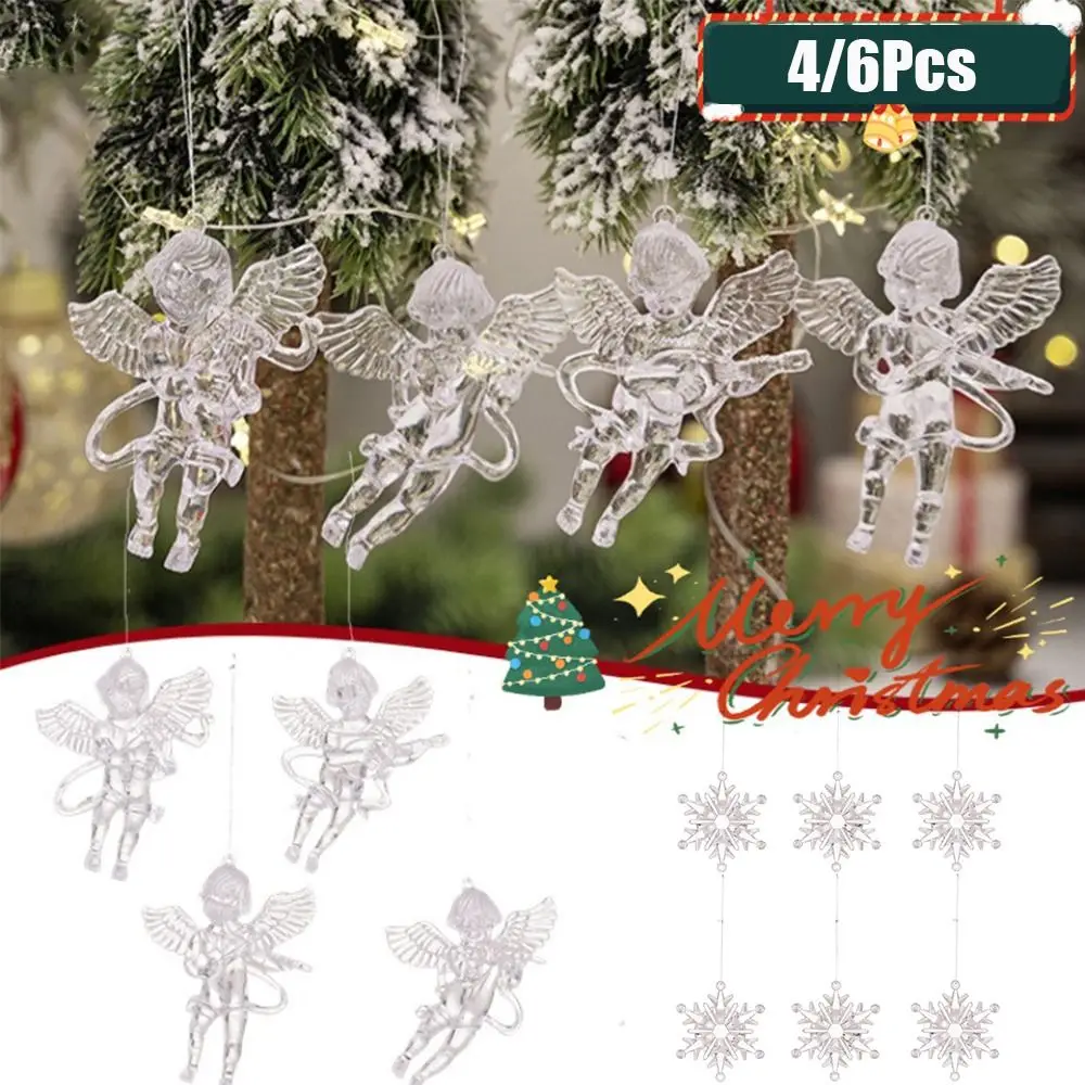 

4/6Pcs Cute Angel Snowflake Xmas Pendant Acrylic Transparent Christmas Hanging Ornament Christmas Tree Decoration Christmas