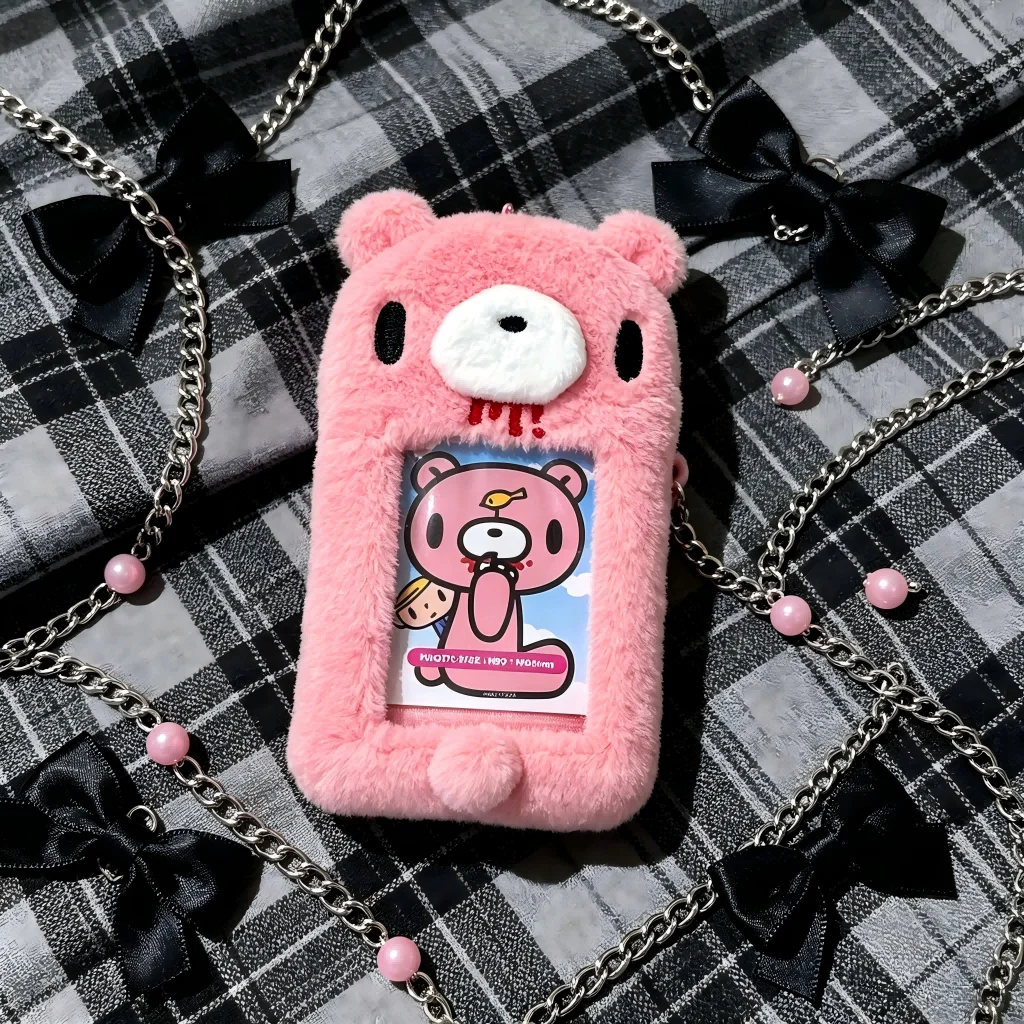 Pink Plush Bear Card Holder, Y2K Kawaii Photo Card Sleeve, Cute Plush Photocard Storage Pouch for Collection
