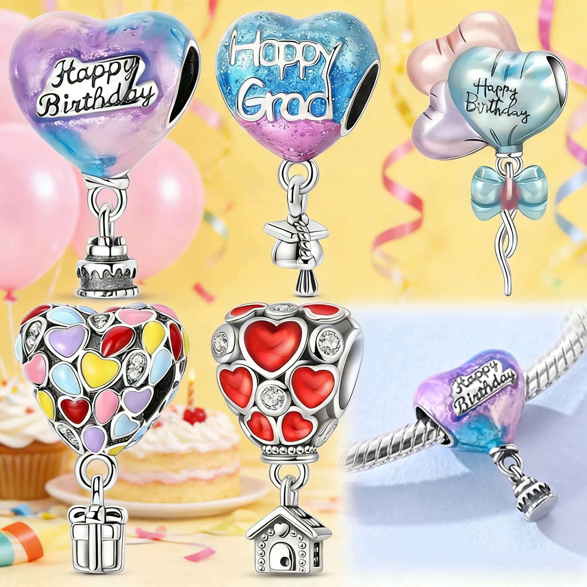 

925 Sterling Silver Hot Air Balloon & Heart Dangle Charms Happy Birthday & Grad Beads Fit Bracelets Celebration Gift for Women