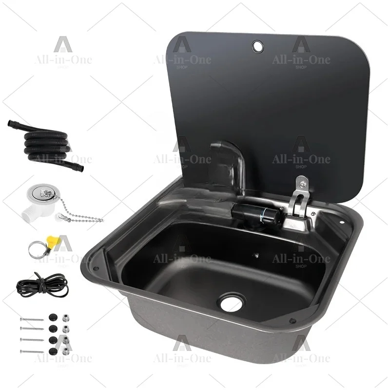 420mm Square Stainless Steel RV Sink with Faucet & Tempered Glass Cover, Kitchen Accessories for RV Caravan Camper