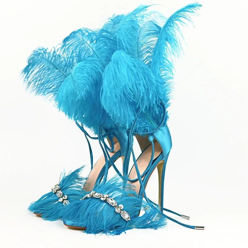 

Crystal Solid Feathers Round Toe Summer Women Sandals Stiletto High Heel 12CM Lace Up Design Large Size Fashion Show Shoes