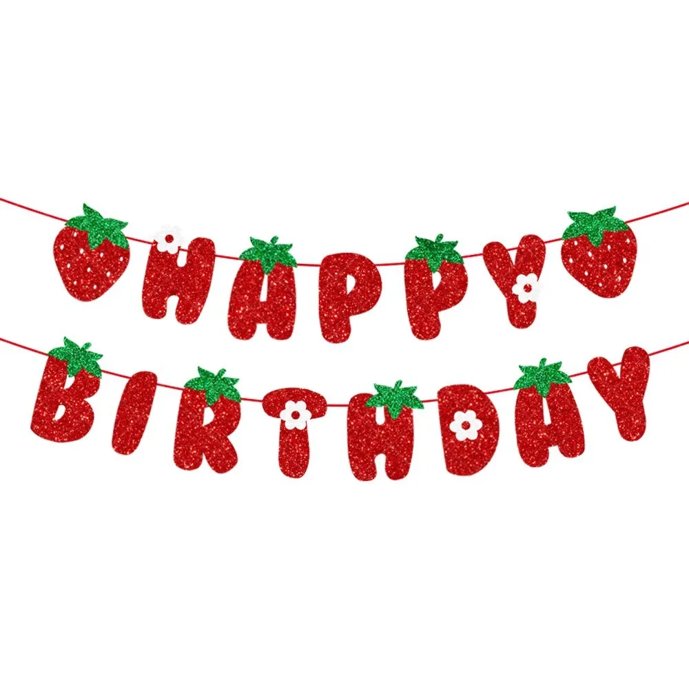 1PC First Kids Red Fruit Birthday Garland 100Days Party Glitter Strawberry Flag Cake Topper