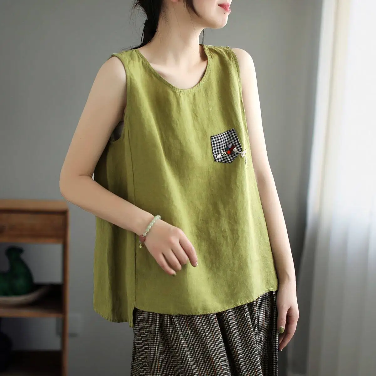 Women Ethnic Style Cotton Linen Embroidered Chinese Style Vest Patch Loose Sleeveless Camisole Solid Color Tank Top Inner CN-317