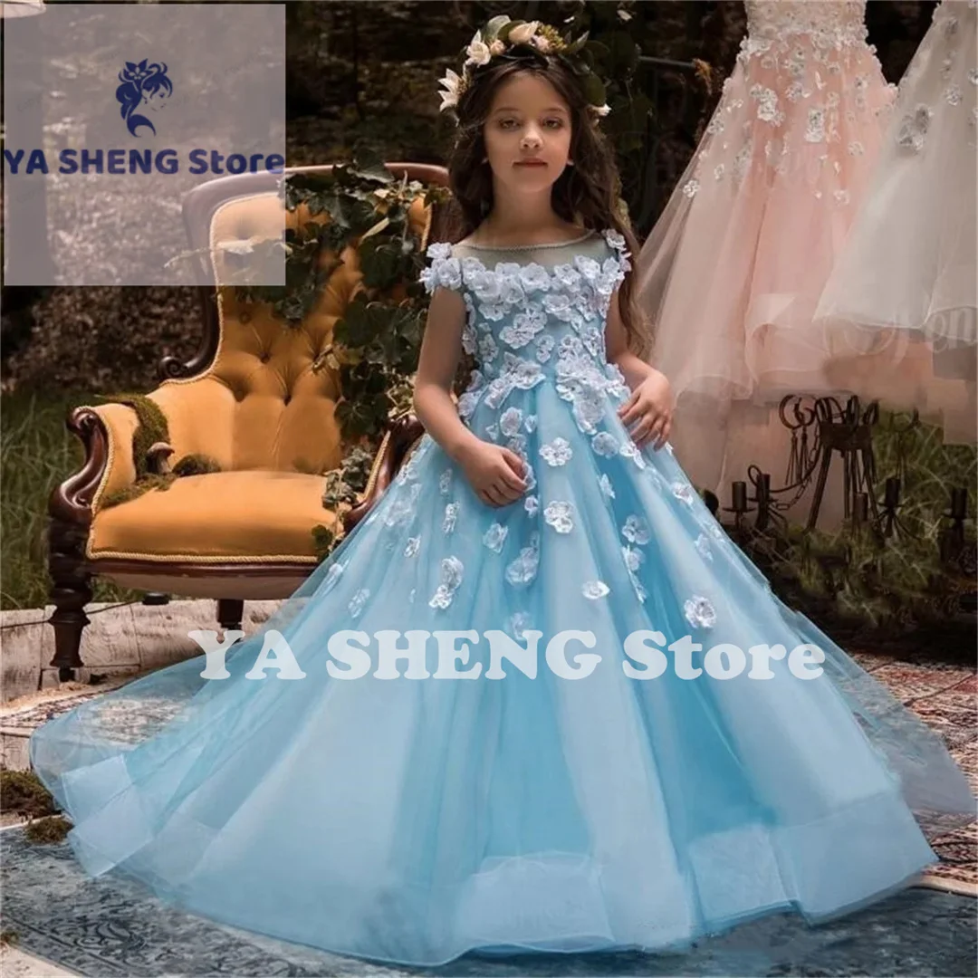 Blue Round Neck Trail Tulle Sticker Flower Backed Flower Girl Dress Wedding Elegant Flower Child Birthday Party Evening Dress