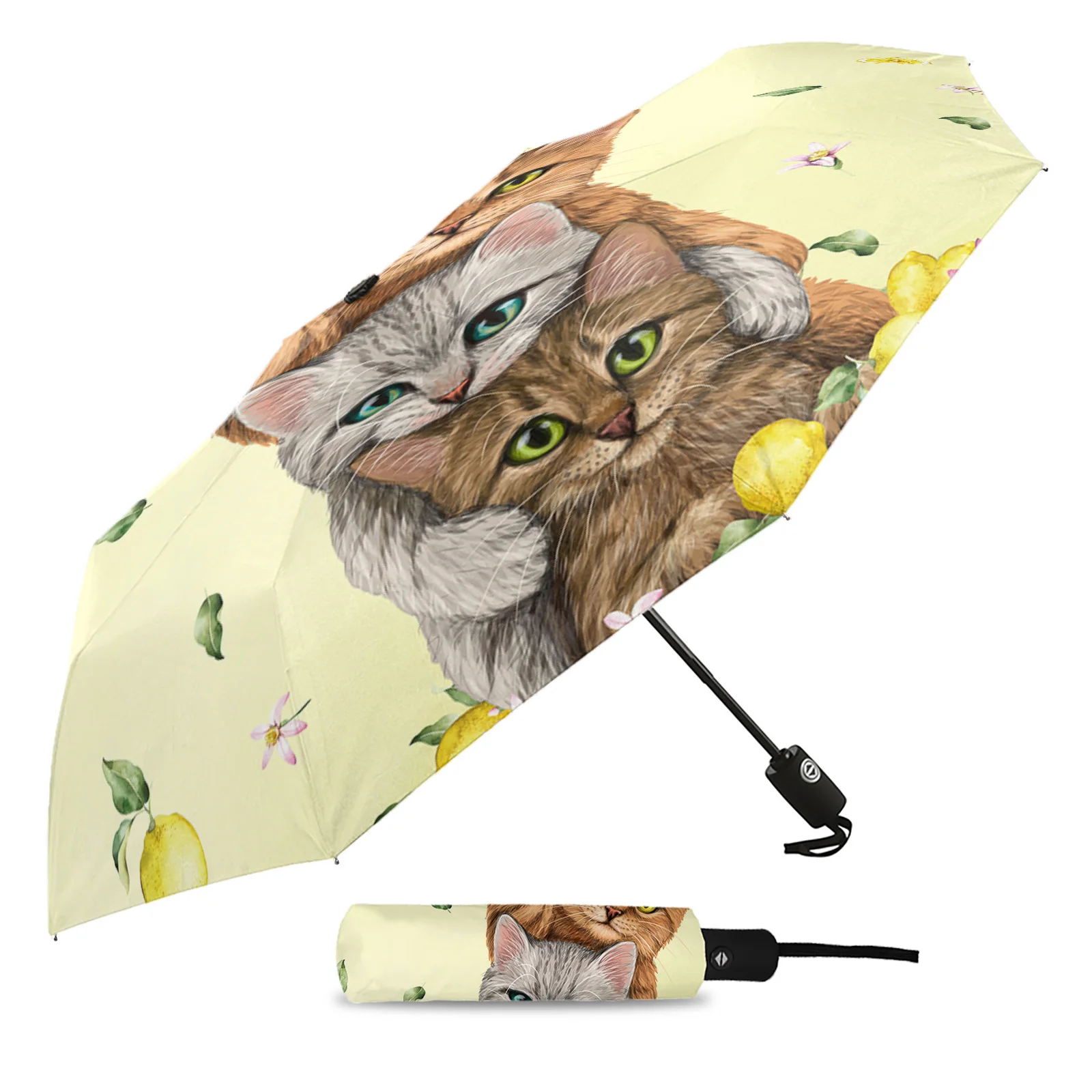 Summer Fruit Lemon Cat Print Women Men Rain Umbrella Three Folding Girl Durable Portable Automatic Umbrellas Gift Parasol