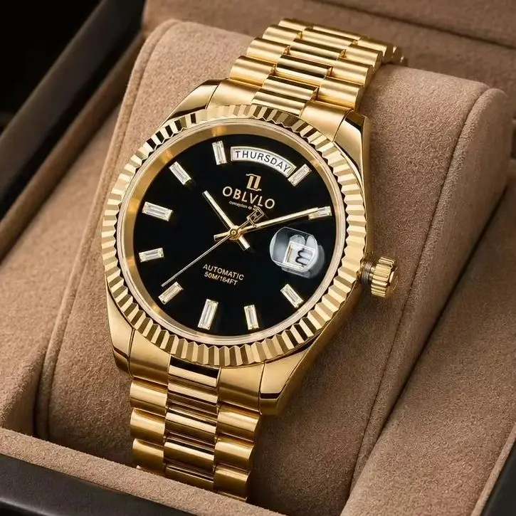 OBLVLO Men Automatic Watch 40mm Mechanical Wristwatch Gold Waterproof Sapphire Luminous Dual Calendar Week Date Miyota 8215