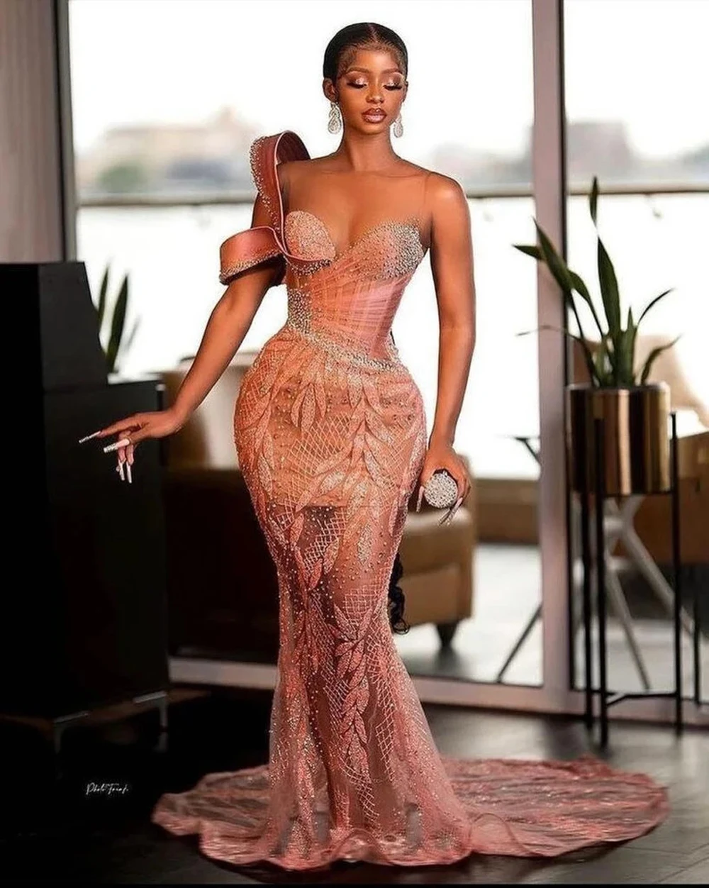 Elegant African Mermaid Evening Dresses For Women 2023 One Shoulder Beaded Lace Long Black Girl Prom Party Gowns with Corset