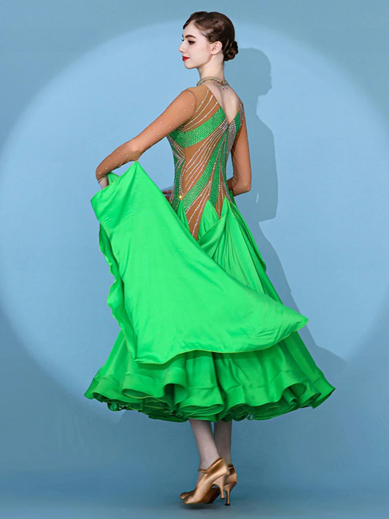 Vestido de dança de salão padrão para mulheres alta verde competição valsa vestidos senhora manga longa flamenco tango dança saia