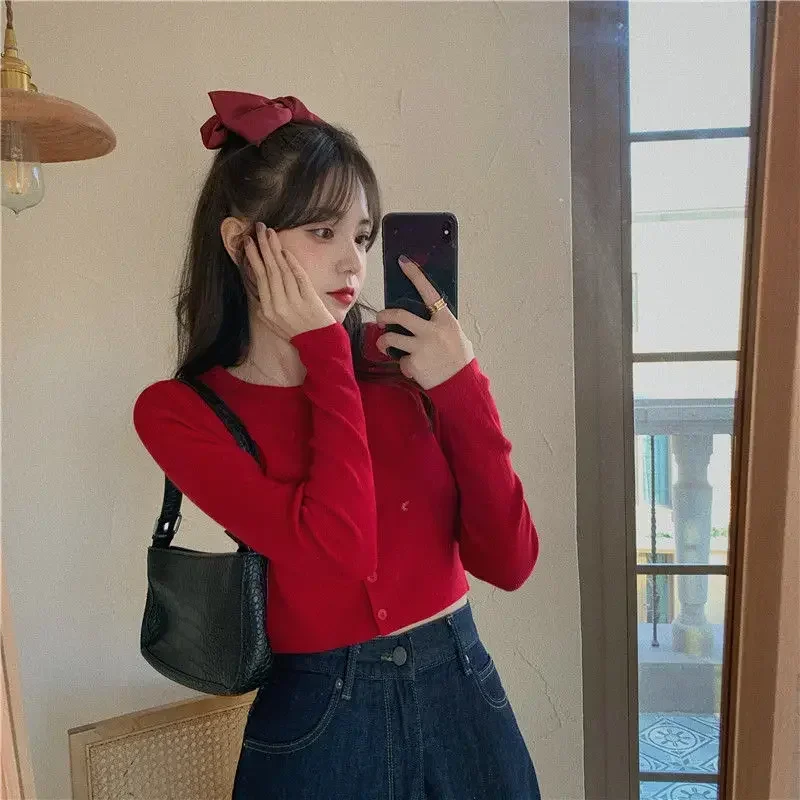 Woman TShirts Crop Top Autumn Winter Red Small Shirt Top Cardigan Long Sleeve T-shirt Women\'s Clothing Mujer Camisetas