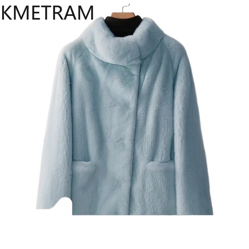 

KMETRAM 100% Mink Fur Real Fur Coat Stand Collar Fur Coats Blue Women Clothing 2025 New Winter Mid Length Jacket vestes femmes