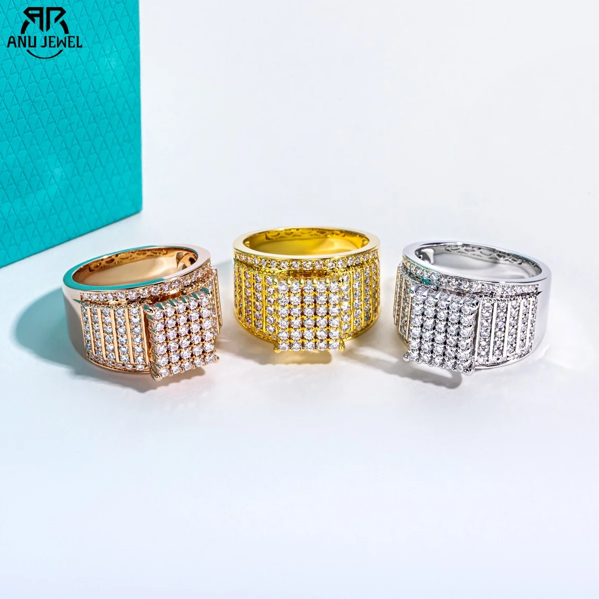 

AnuJewel 1.718cttw Moissanite Hip Hop Men Rings 14K Gold Plated New Age Heavy Metal Frosty Jewelry Gifts