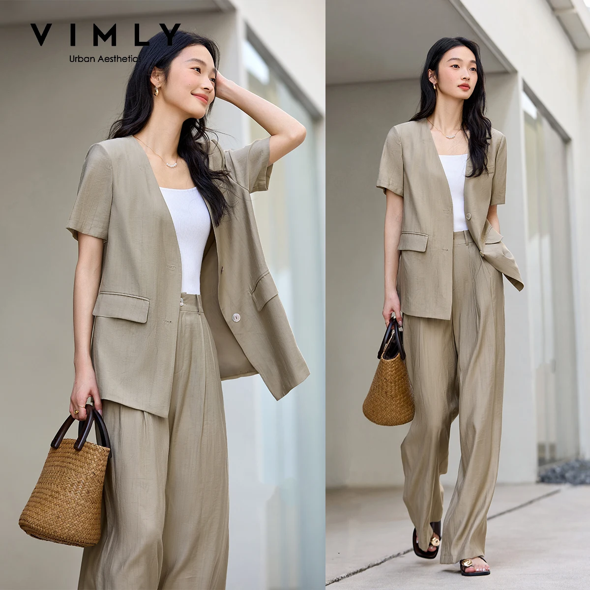 

VIMLY Блейзер Брючный костюм с v-образным вырезом, повседневный женский летний комплект из двух предметов, женский новый комплект в тон, 2025, женская одежда M9856