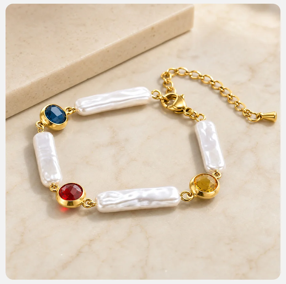 Vnox Exquisites Edelstahl-Imitationsperlen-Armband für Damen, Einzigartiges Design, 18K Vergoldet, Buntes Zirkonia-Armband – Detail 5