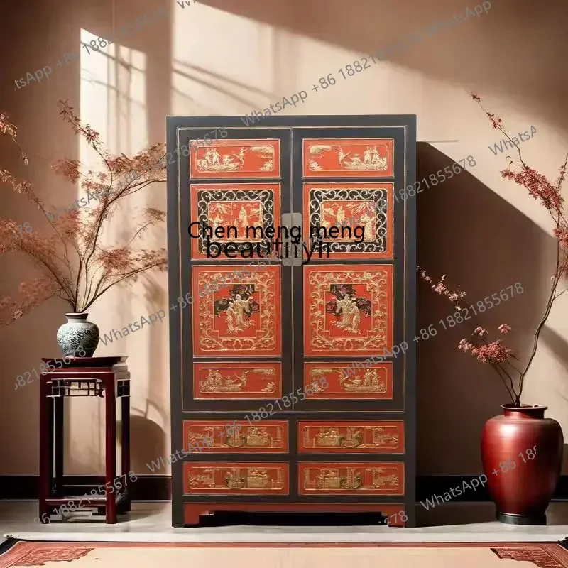 Chinese retro all-solid wood gold-painted entrance cabinet, locker, old bookcase, antique wardrobe