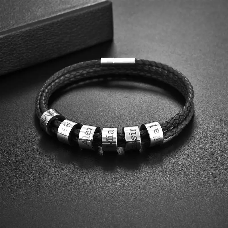 Personalized Man bracelet Custom Name Stainless Steel round 1 to 9 names 60cm length Beads Braided Leather Bracelets Jewelry