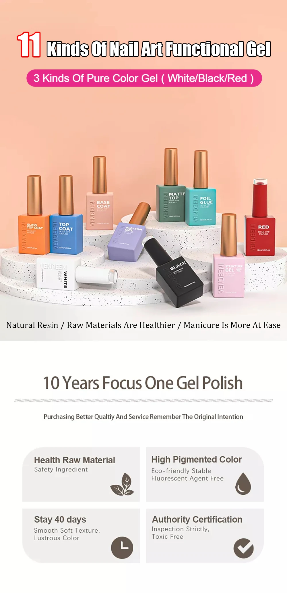 Vendeeni 11 Arten von Nail-Art-Funktionsgels: Top Coat, Base Coat, Russischer Matt-Top-Coat, Blossom Gel, Einfarbiges Gel in Weiß, Schwarz, Rot – Detail 1