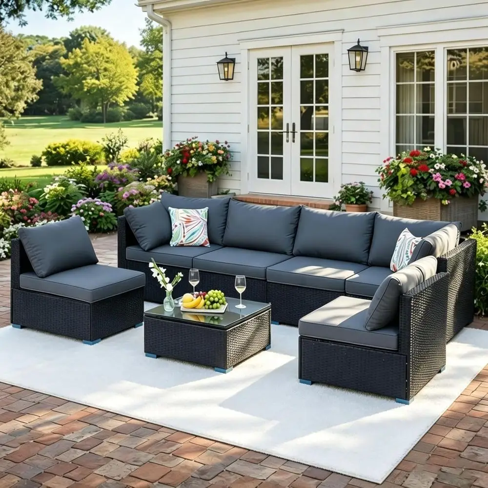 

7-Piece Black Outdoor Patio Sectional Sofa Set
