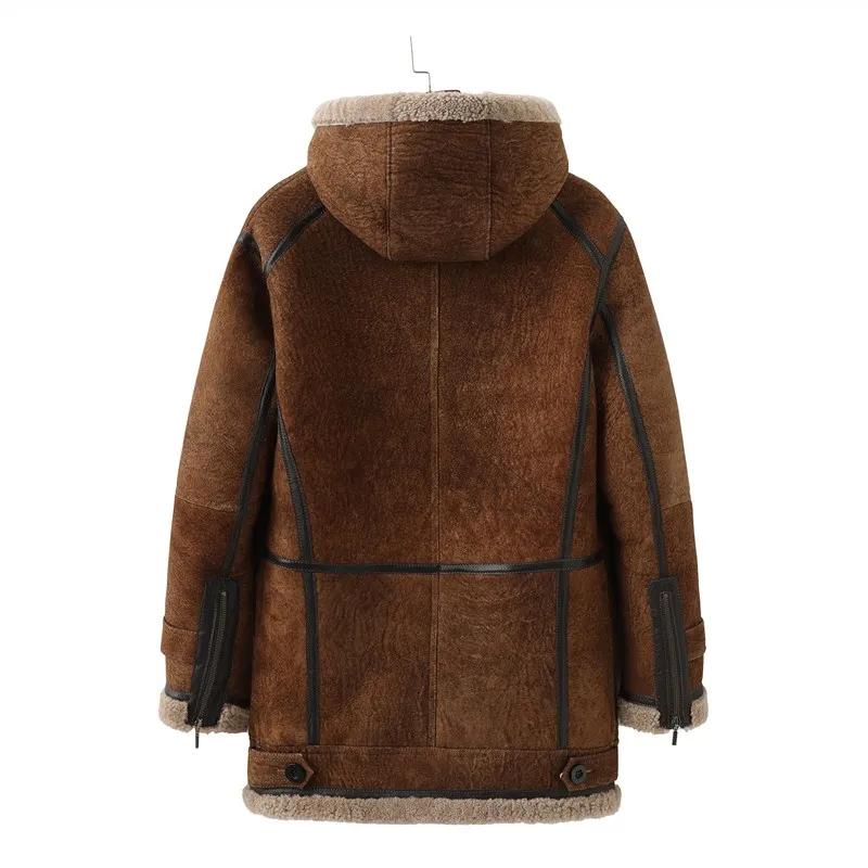 Sheepskin Fur Long Coat Winter Original Ecological Men's Padded Hooded Genunie Leather Jacket Brown Men Motorcycle Overcoat