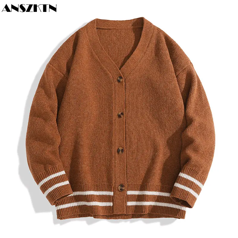 ANSZKTN Men Autumn  winter trend casual loose Oversized knit dropped shoulder V-neck sweater cardigan