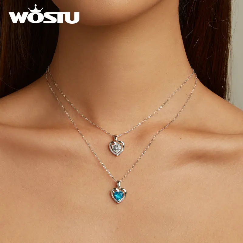 WOSTU 925 Sterling Silver Heart Blue Zircon White Zircon Necklace for Women Party Fine Jewelry Wedding Anniversary Date Gift