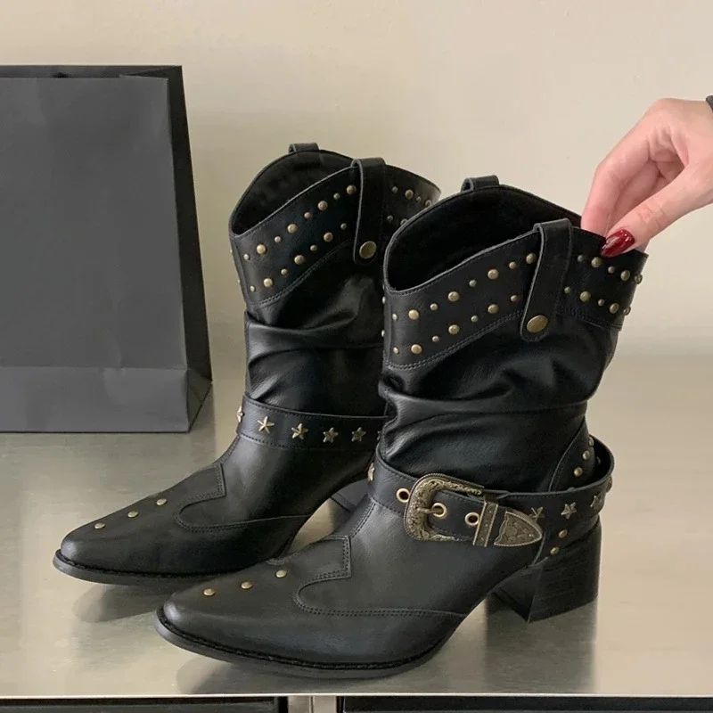 

Aneikeh Fashion Pointed Toe Short Boots Autumn/Winter New Arrival Thick Heel Rivet Chunky Low Heels Western Cowboy Boots Shoes