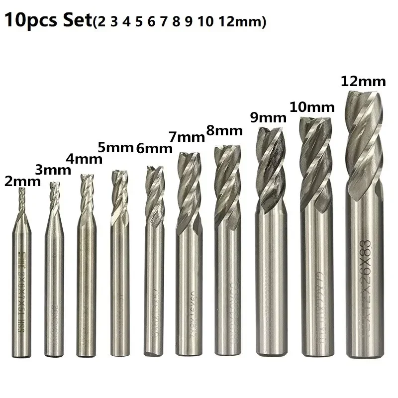 10pcs HSS Milling Cutter 2/3/4/5/6/7/8/9/10/12mm HSS End Mill for Wood Metal CNC Machine Milling Tool Cutter Router Bit