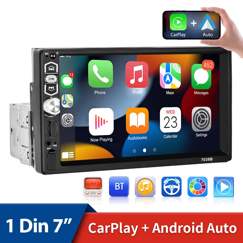 

1 Din 7"Car Radio Carplay MP5 Player Autoradio Auto Stereo Digital Bluetooth Audio FM Music Stereo With Dual USB AUX Input 7039B