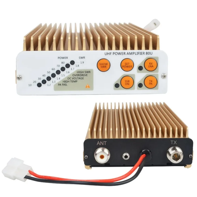 UHF Walkie Talkie Power Amplifier, Power Set Level 10-80W, 1.2-1.9 V. WR Display, FM, AM, SSB Modulation Mode, 13.8V, 15A Input