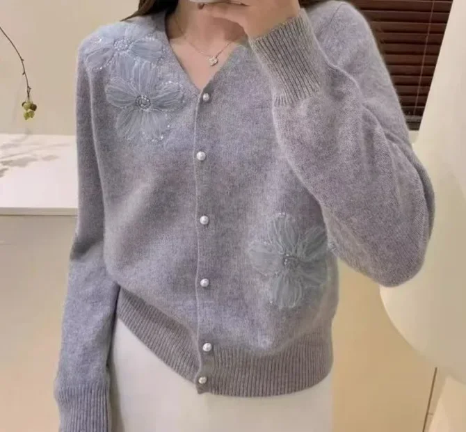 ربيع الخريف محبوك لينة مريحة تصميم الأزهار المرأة المفتوحة سترة الخامس الرقبة أكمام العصرية سترة عارضة نمط مريح #1