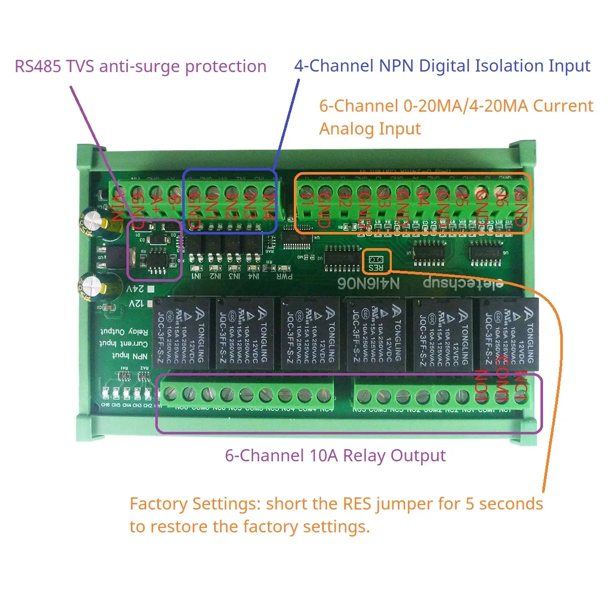 

6CH 4-20MA AI & 4CH NPN DI & 6CH 10A Relay DO Multipurpose Modbus RS485 IO Module for Motor LED Solar battery