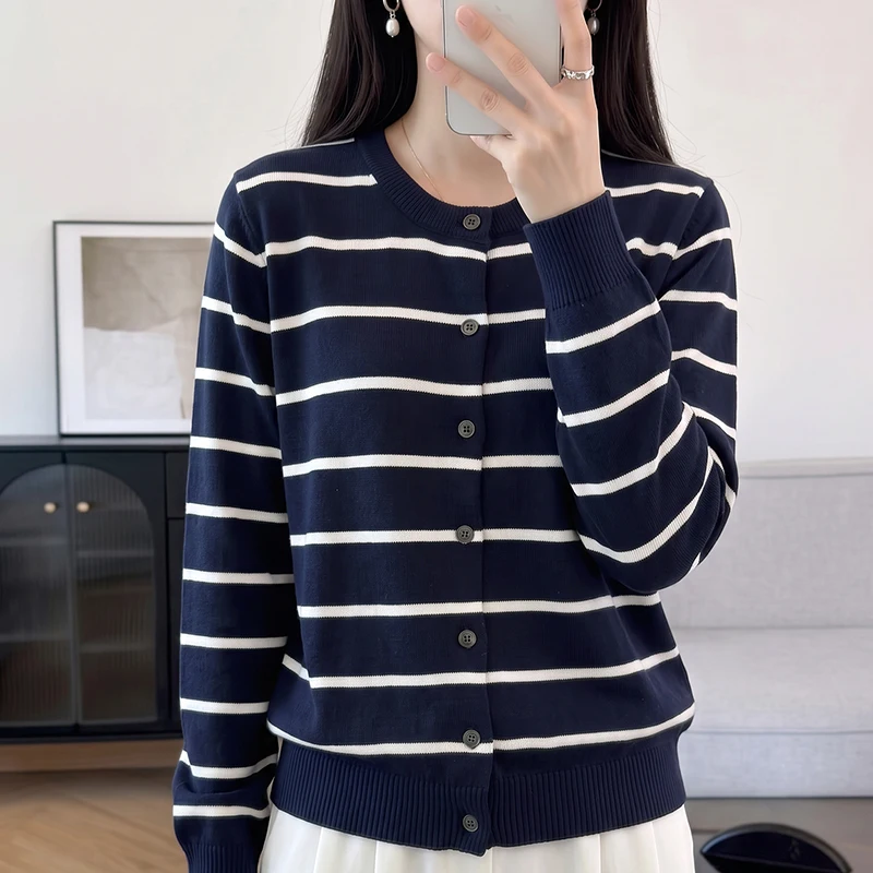 BELIARST Spring Autumn New 100% Pure Cotton Sweater Women's Round Neck Knitted Cardigan Casual Loose Striped Top Fashion Korean