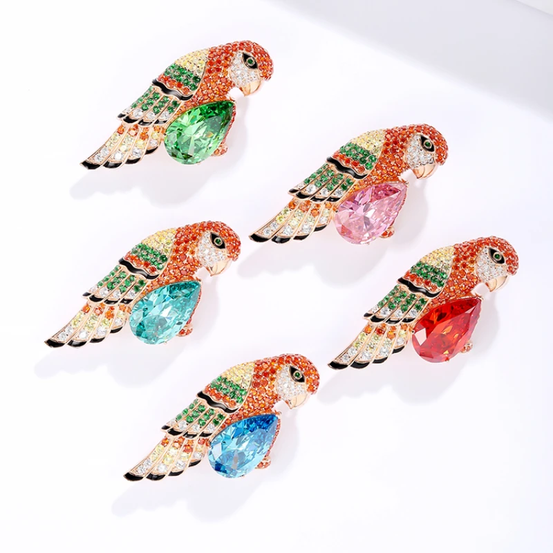 

Dainty Silver Brooch Safety Pin Luxury Women Parrot Lab Grown Ruby Brooch Custom Brooch Pin