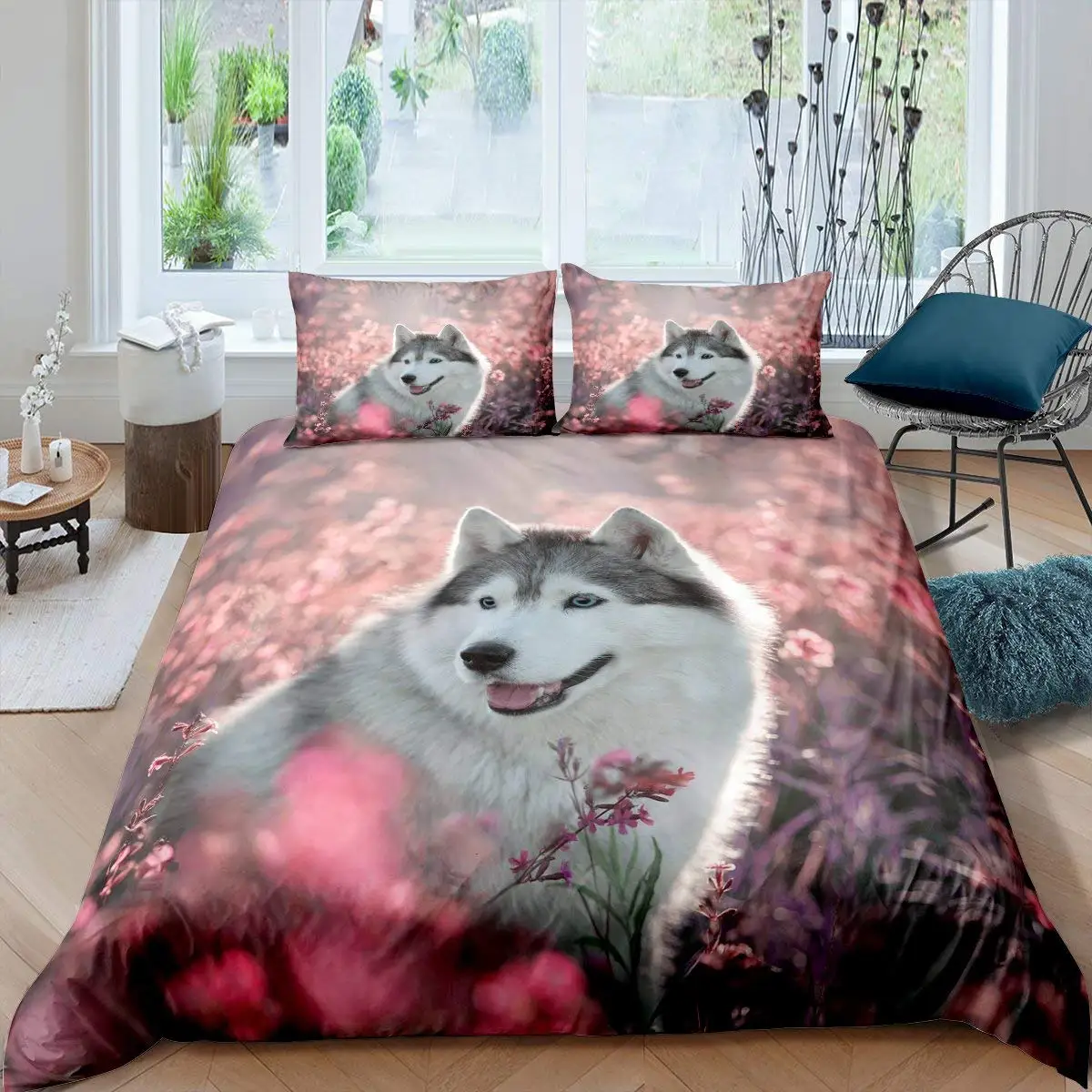 

Cute Animal Husky Bedding Set - Polyester, with Puppy, Flower & Jungle Prints, Double/Queen/King