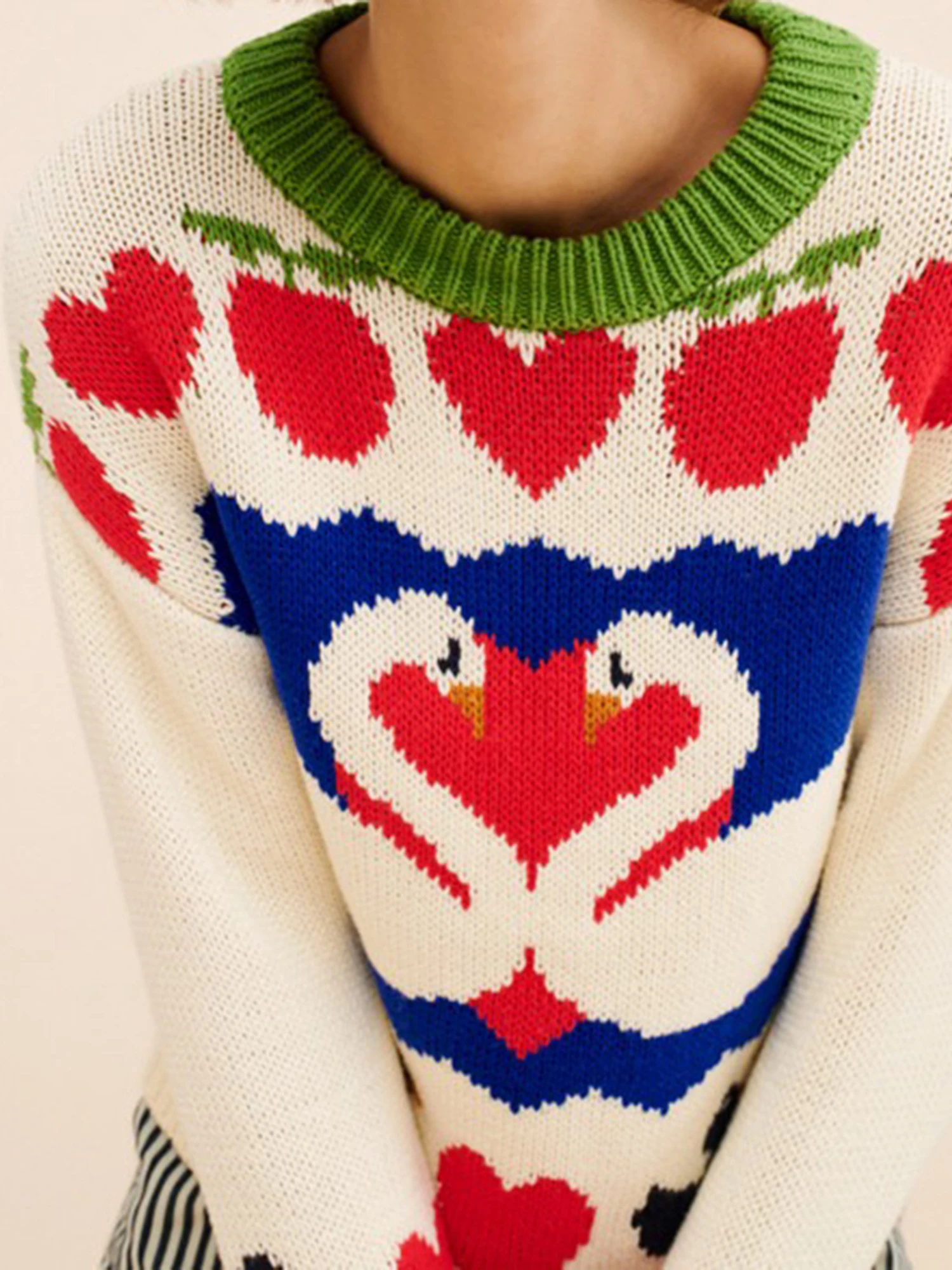 المرأة سترة الشتاء المريحة المتضخم عادية الغزلان طباعة مضلع تقليم طاقم الرقبة طويلة الأكمام متماسكة البلوز سترة علوية