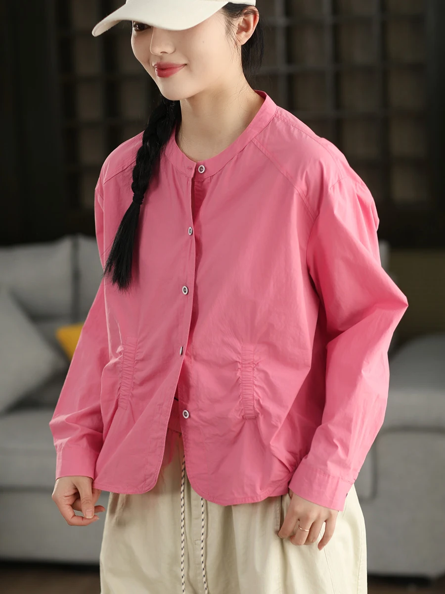 

Ретро-рубашка из хлопка, весенняя коллекция, с длинным рукавом, воротником-стойкой, укороченная, однотонная, женская, удобная, дышащая