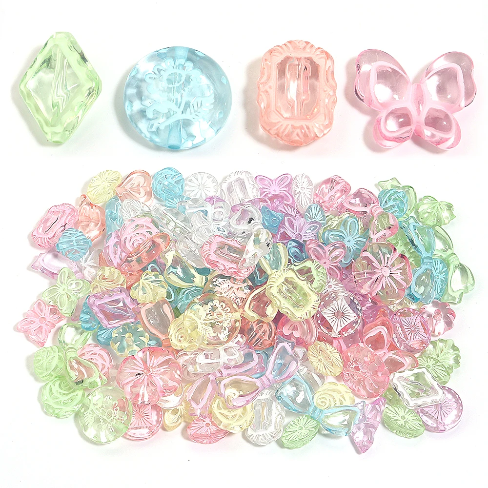 

60-80 шт./лот, смешанные стильные прозрачные цветные акриловые бусины с цветами и бабочками для изготовления ювелирных изделий, серьги, ожерелье, аксессуары