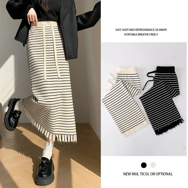 Knitted Half Body Skirt Striped Fringe Slit Skirt High Waist Slimming Paired Mid Length Skirts 2024 New Autumn Winter Clothing