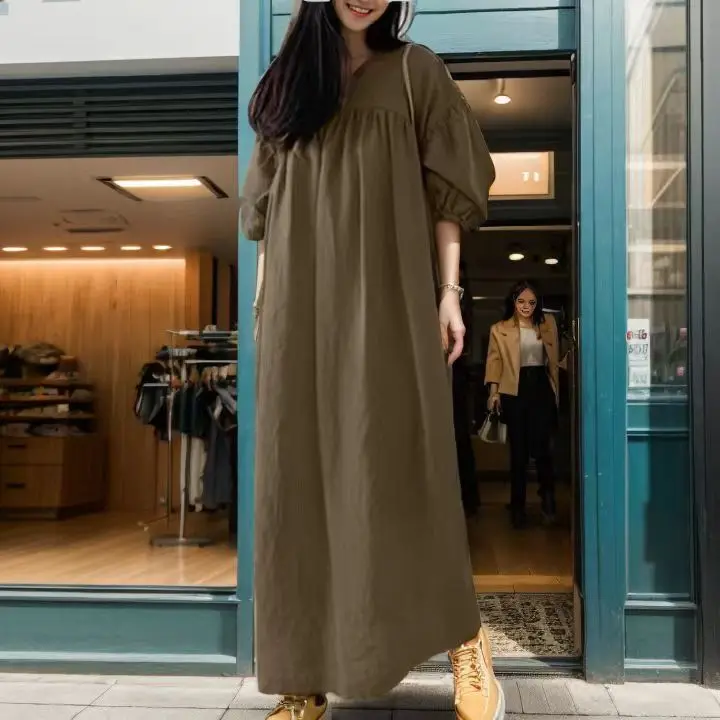 Robes de mode musulmane nouveau moyen-orient dubaï musulman couleur unie ample col en v manches bouffantes décontracté coton Polyester robe