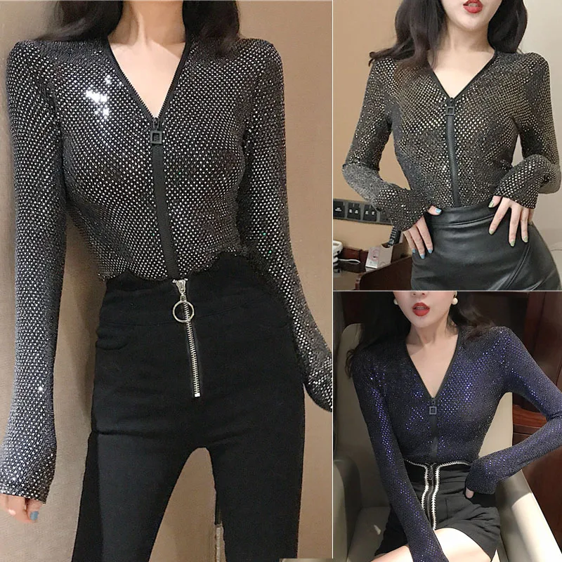 

Spring V-Ne Zipper Slim Fit Top Sexy Sequin Long Sve Base irt Thin Cardigan Women's Faion Polyester ort Outerwear