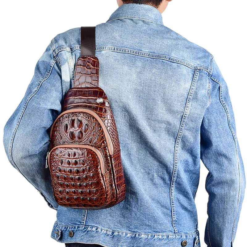 Men Genuine Leather Sling Backpack Rucksack Trend Travel Crocodile Style Cowhide Messenger Cross Body Chest Bag Daypack Knapsack