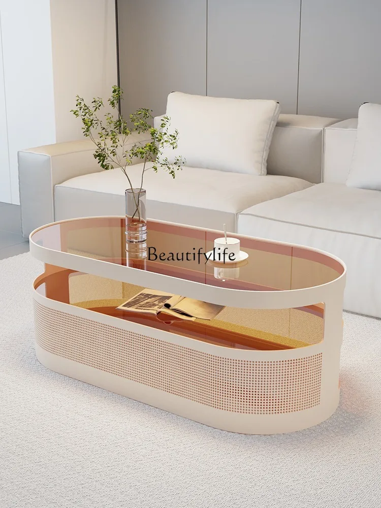 Italian Light Luxury Oval Tea Side Table Table Tempered Glass Cream Style Double-Headed round