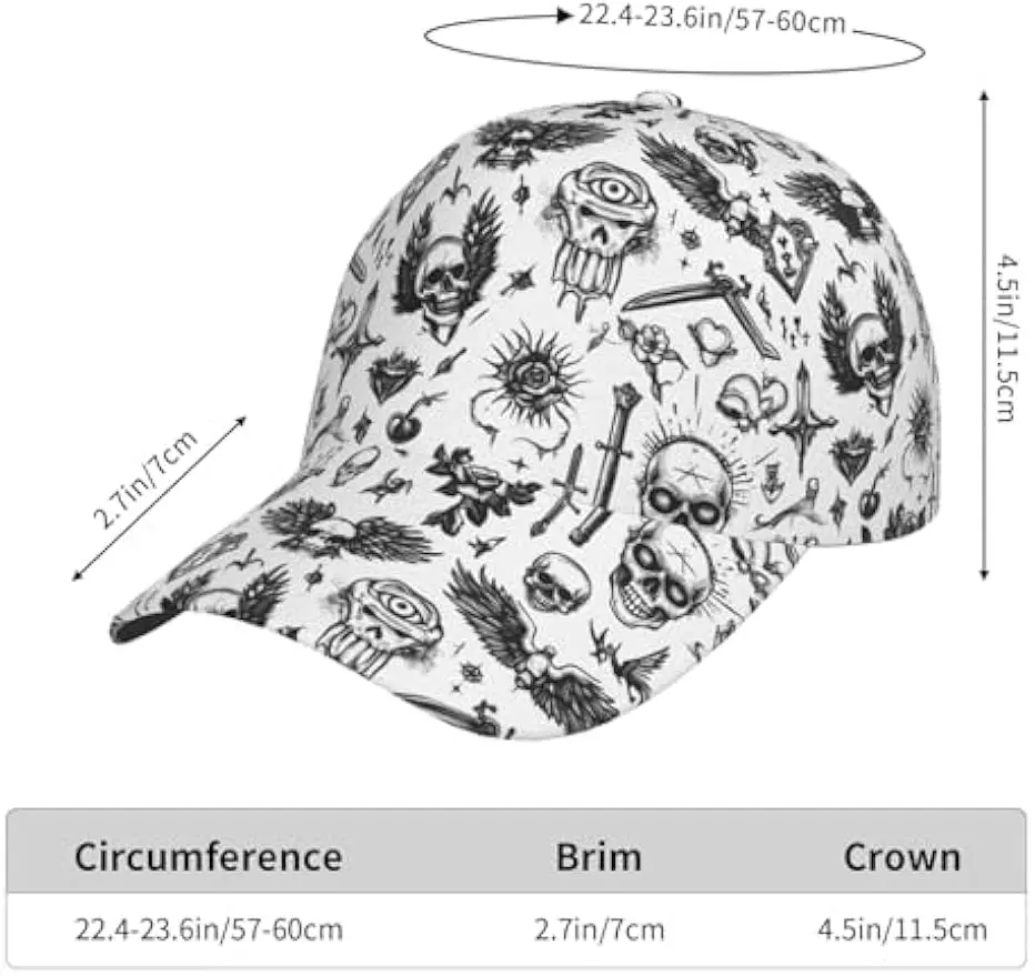 Black White Tattoo Style Skull Gothic Elements Print Adjustable Baseball Cap Hiking Running Dad Golf Hat Black