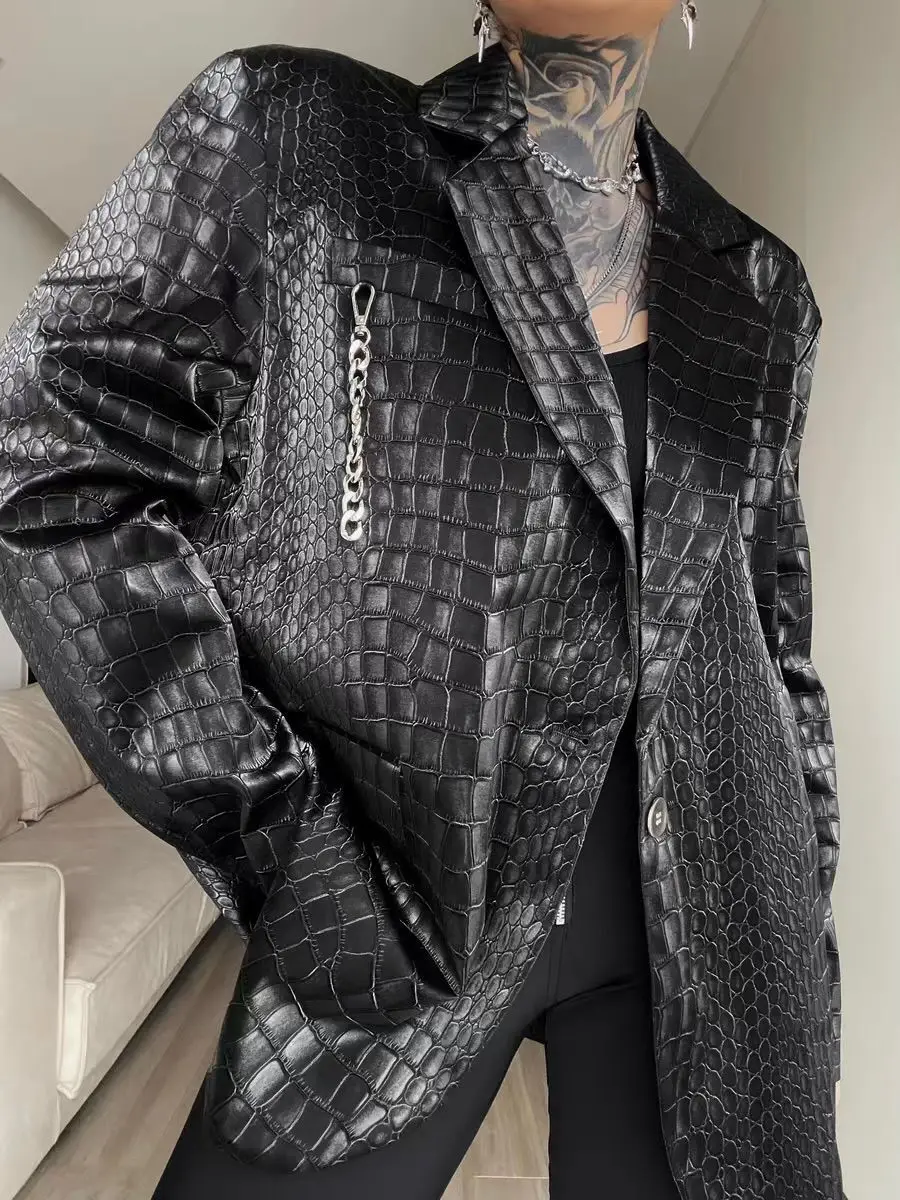 High Street Crocodile Pattern Leather Blazer Jacket Women Streetwear Hip Hop Loose PU Coat New Autumn Clothing s645