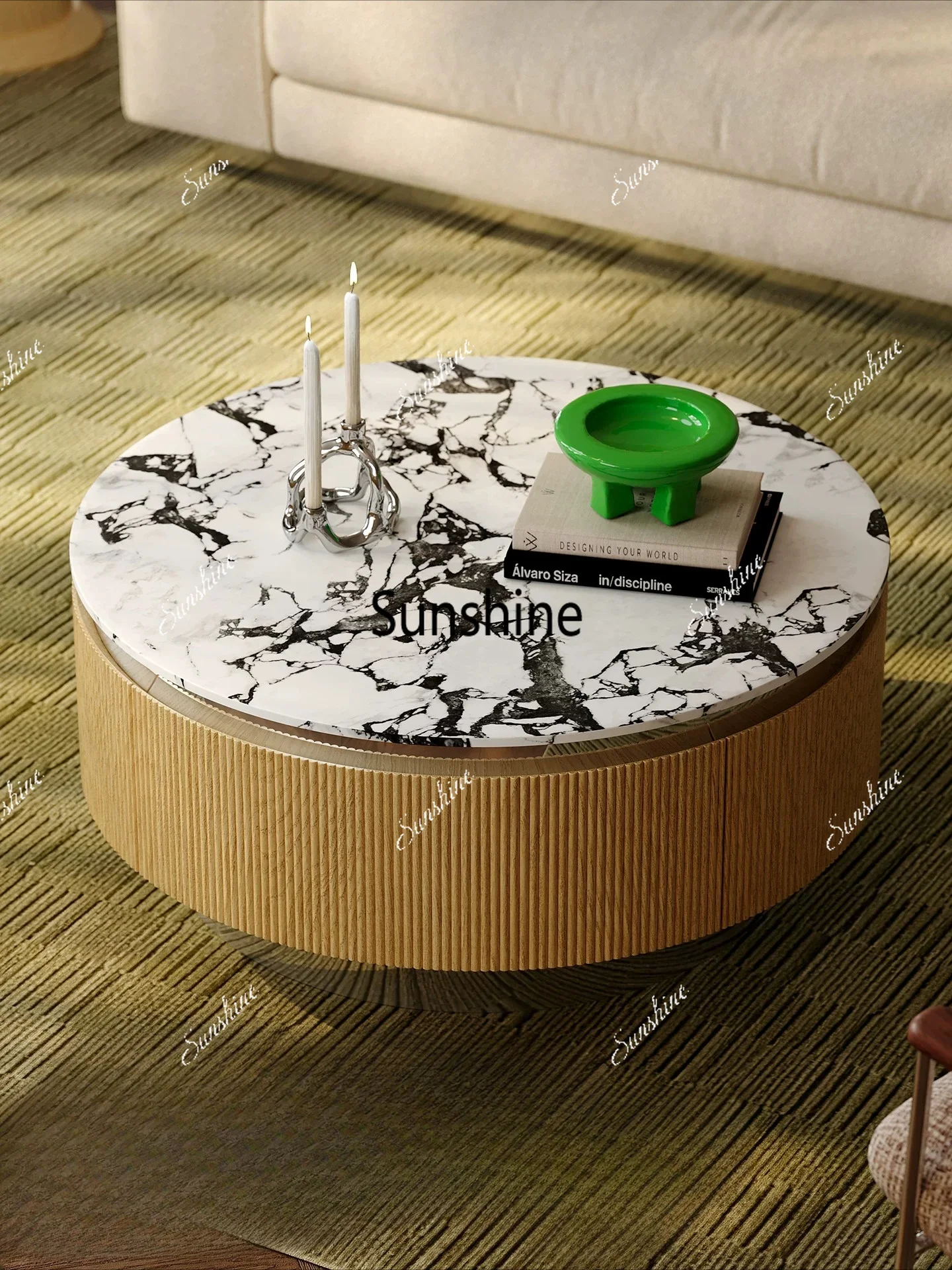 French solid wood tea table marble light luxury round storage coffee tableT*