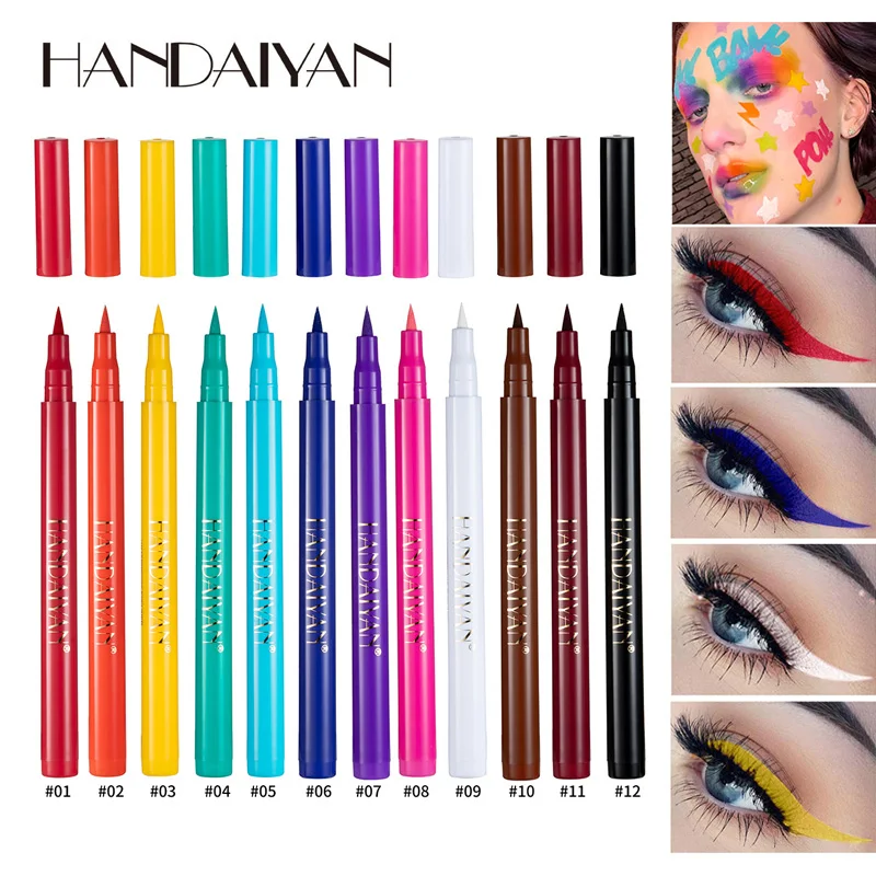 HANDAIYAN 12 Color Matte Colored Eyeliner Pens Quick-Drying Non-Smudging Liquid Eyeliner Pencil Makeup Cosmetics