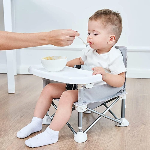 Imagen 2 del producto Silla de comedor portátil plegable para bebé con placa, cinturón de seguridad, silla de playa para niños, asiento de alimentación cómodo para acampar para niños